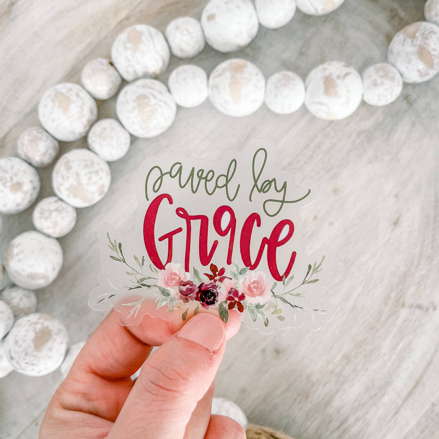 Saved By Grace Floral Clear Vinyl, Sticker, 3x3 in.