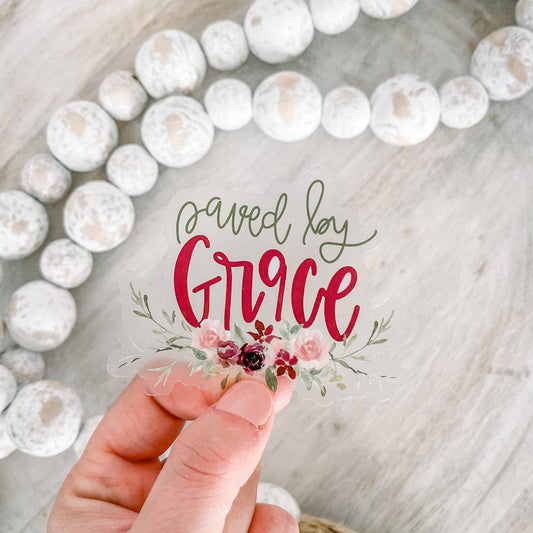 Saved By Grace Floral Clear Vinyl, Sticker, 3x3 in.