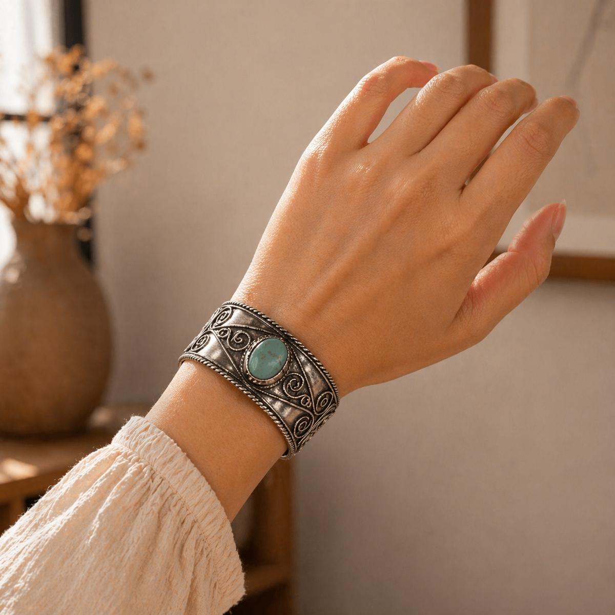 Handcrafted Kashi Antique Silver Cuff with Amazonite