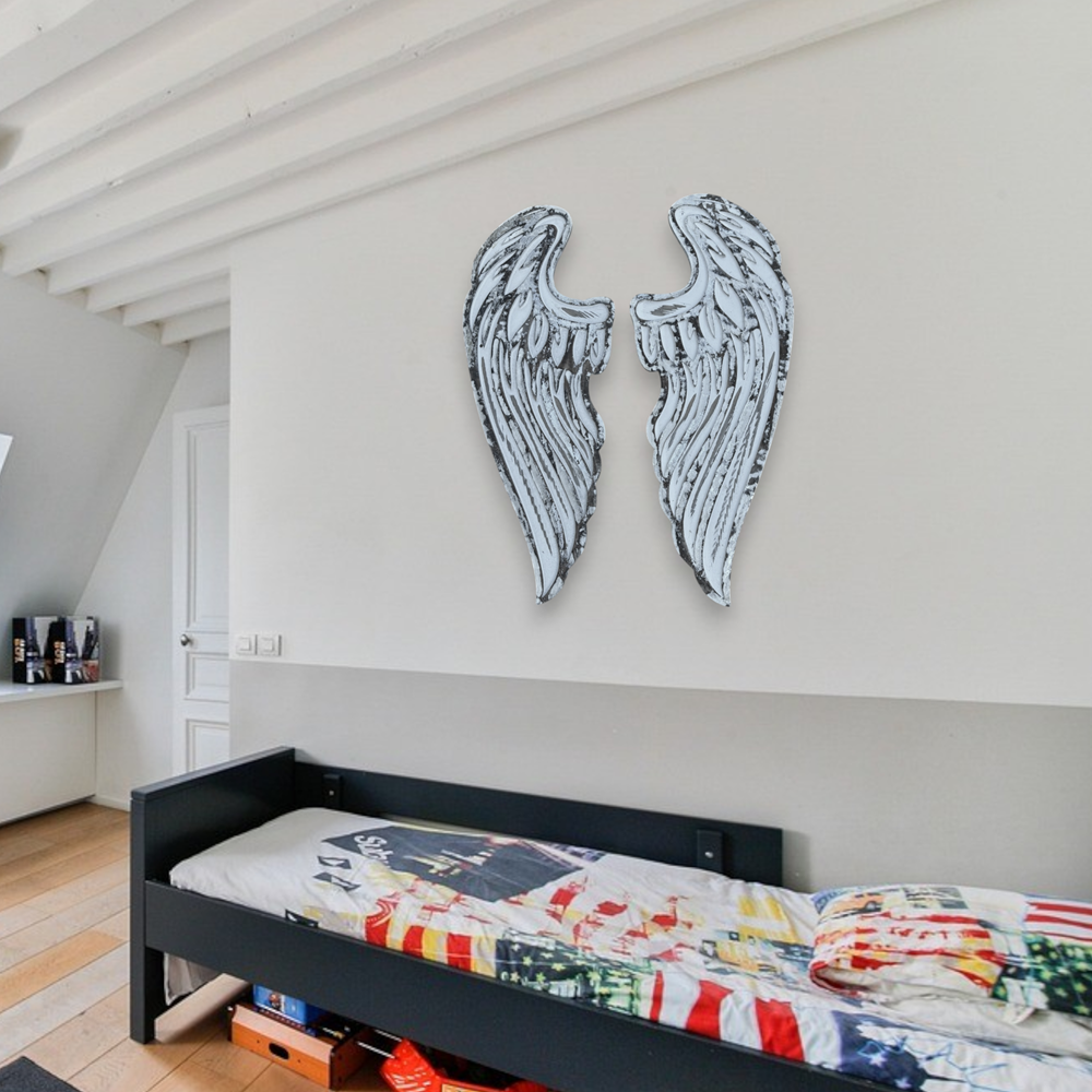 Chamuel Angel Wings-Distressed White Carved Wood Wall Decor