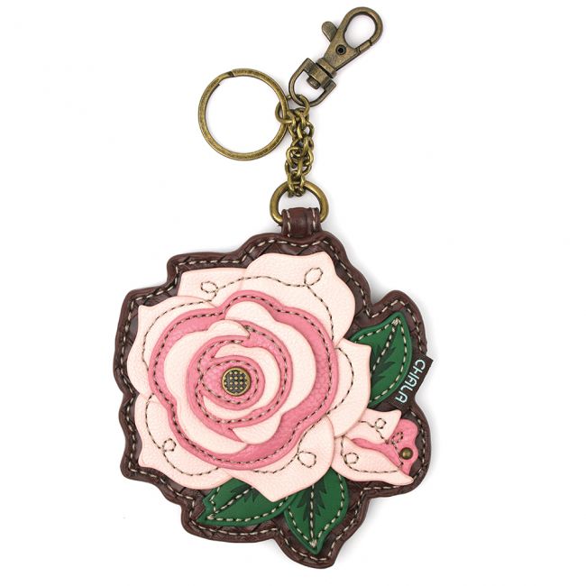 CHALA Pink Rose Key Fob, Coin Purse, Purse Charm - Enchanted Memories, Custom Engraving & Unique Gifts