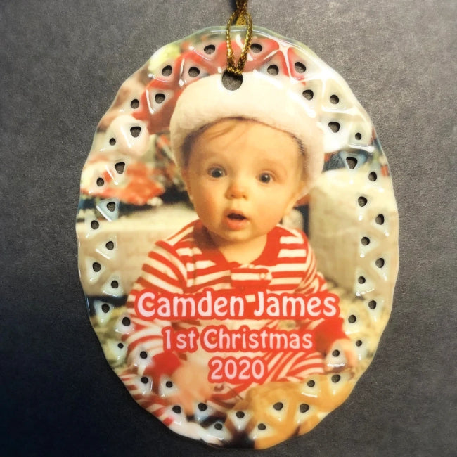 Personalized Porcelain Photo Christmas Ornament for Baby's 1st Christmas | Enchanted Memories, Custom Engraving