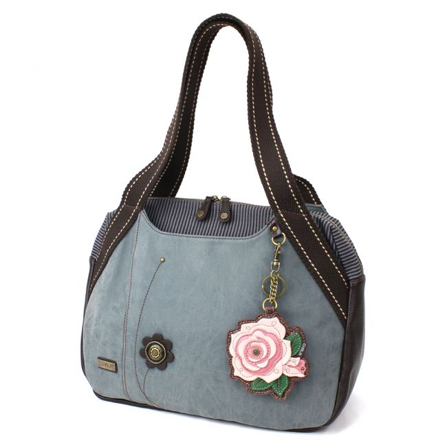 CHALA Bowling Bag Handbag Purse Indigo Blue with Pink Rose