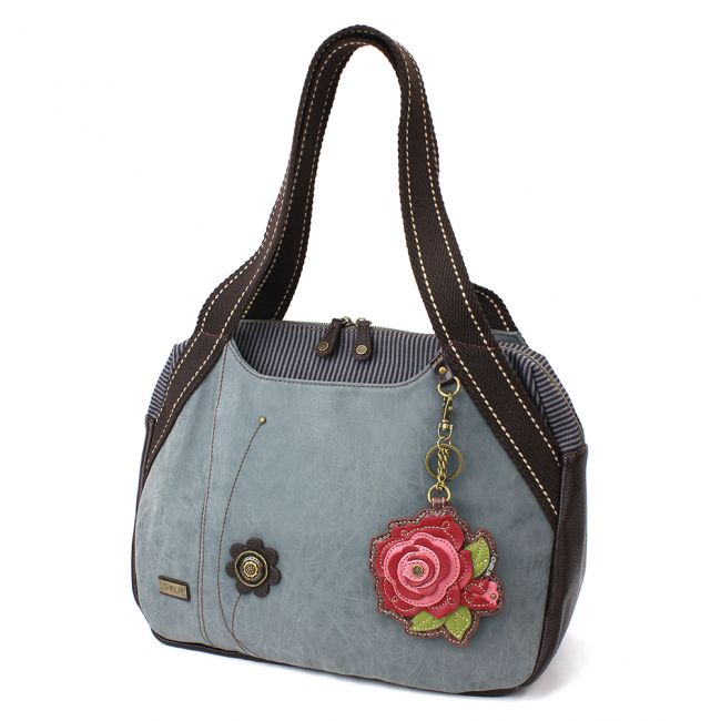 CHALA Bowling Bag Handbag Purse Indigo Blue with Red Rose