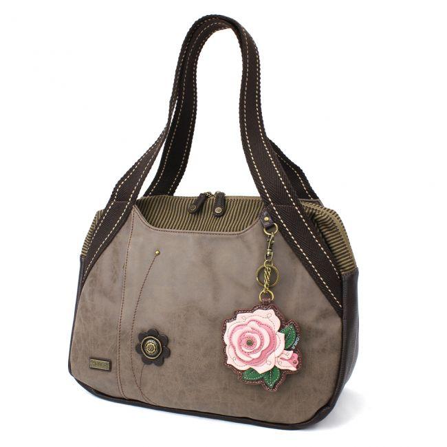 CHALA Bowling Bag Handbag Purse Stone Gray with Pink Rose