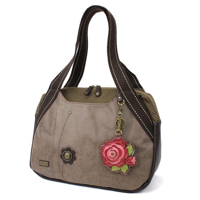 CHALA Bowling Bag Stone Gray with Red Rose Handbag Purse