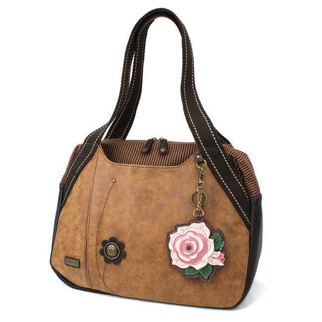 CHALA Brown Bowling Bag Handbag Purse with Pink Rose