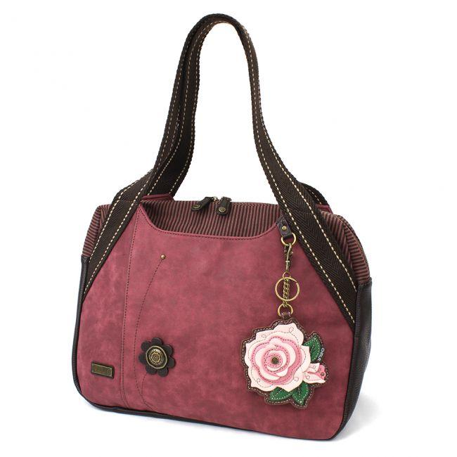 CHALA Burgundy Bowling Bag Purse Handbag with Pink Rose