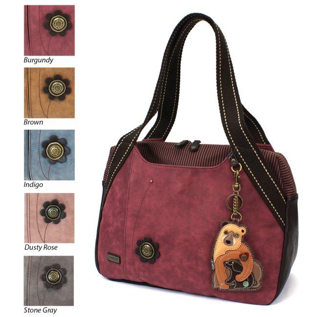 CHALA Handbag Bowling Bag Momma Bear with Cub Burgundy Purse