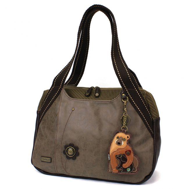 CHALA Handbag Bowling Bag Momma Bear with Cub Stone Gray Handbag Purse