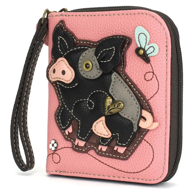 Chlala Black Pig Pink Zip Around Wallet is the perfect wristlet wallet for pig lovers.
