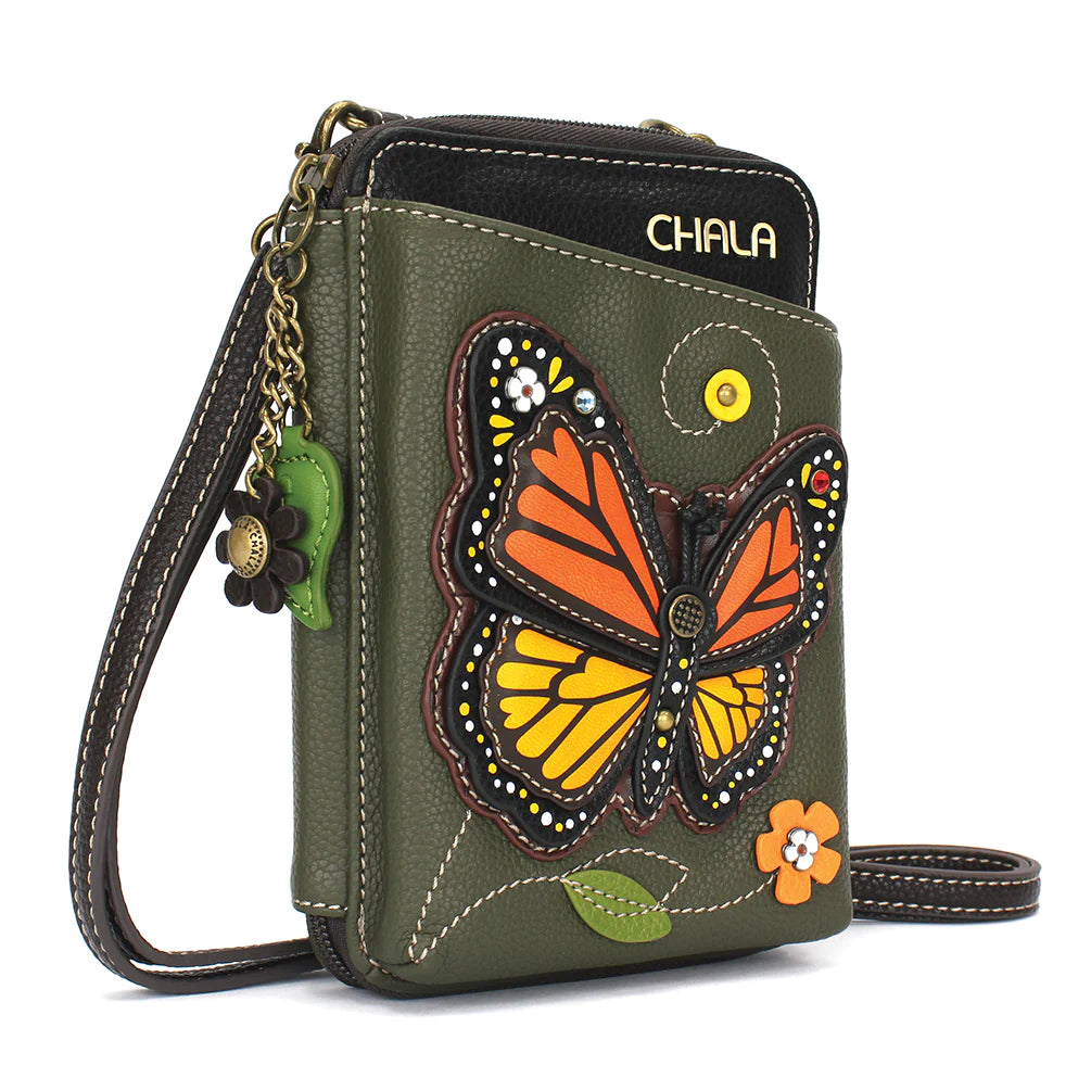 Our Chala Monarch Crossbody Wallet Cellphone Case is perfect for butterfly and nature lovers. A beautiful monarch butterfly adorns the front of this fabulous wallet crossbody and there's even room for your cellphone! 