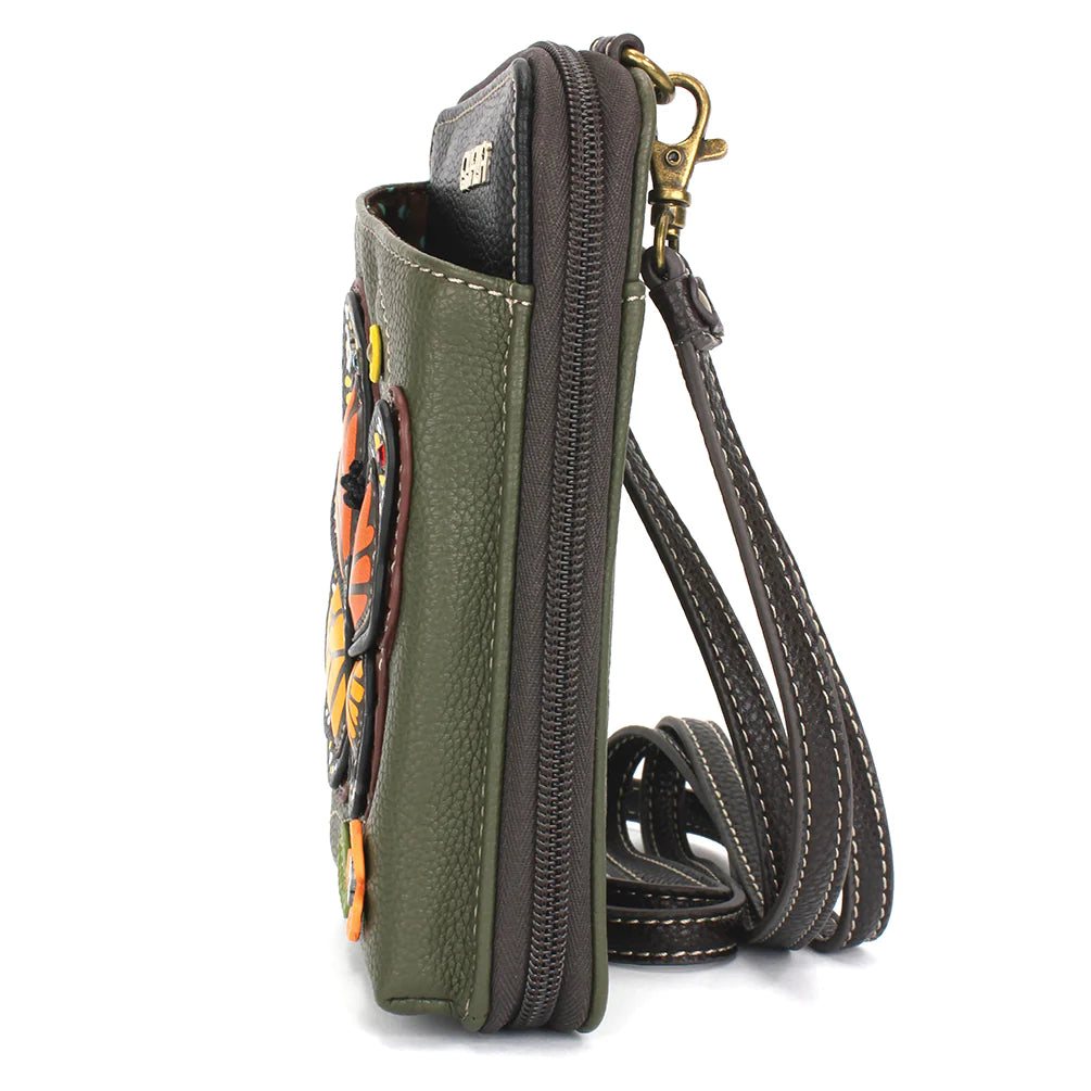 Our Chala Monarch Crossbody Wallet Cellphone Case is perfect for butterfly and nature lovers. A beautiful monarch butterfly adorns the front of this fabulous wallet crossbody and there's even room for your cellphone! 