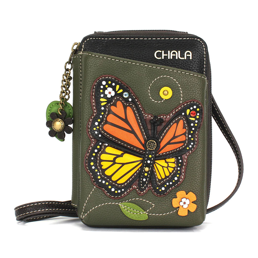 Our Chala Monarch Crossbody Wallet Cellphone Case is perfect for butterfly and nature lovers. A beautiful monarch butterfly adorns the front of this fabulous wallet crossbody and there's even room for your cellphone! 