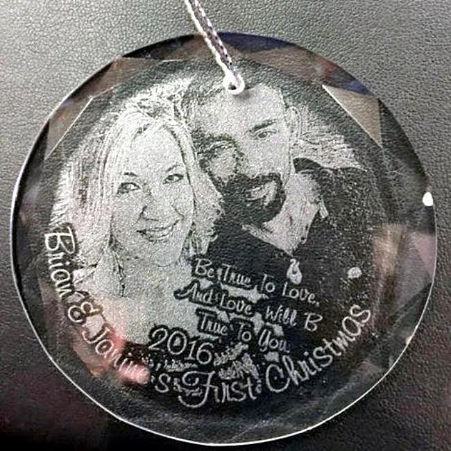 Engraved Crystal Christmas Photo Ornament Wedding Photo for Newlyweds or Anniversary | Enchanted Memories, Custom Engraving