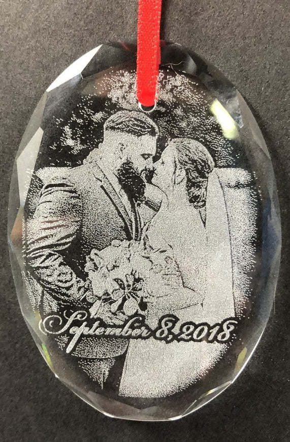 Engraved Crystal Christmas Ornament Wedding Photo for Newlyweds or Anniversary | Enchanted Memories, Custom Engraving