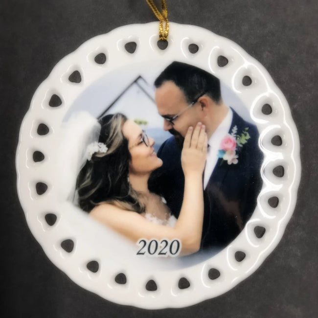 Custom Wedding Photo Christmas Ornament is the perfect gift for weddings and anniversary. Personalized wedding keepsake will become an heirloom piece. 