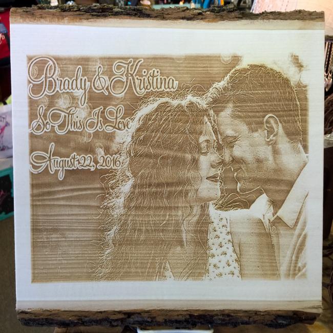 Engraved Basswood Barkboard couples photo plaque perfect gift for a Wedding or Anniversary. Couples picture etched into wood.