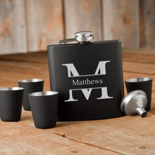 Engraved Black Flask Set with Shot Glasses for Wedding or Other Celebration Great Personalized Gift for Groomsman