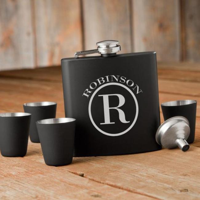 Engraved Black Flask Set with Shot Glasses for Wedding or Other Celebration Great Personalized Gift for Groomsman
