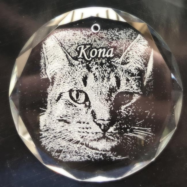 Engraved Crystal Pet Photo Christmas Ornament, etched with your favorite picture of your pet | Enchanted Memories, Engraving