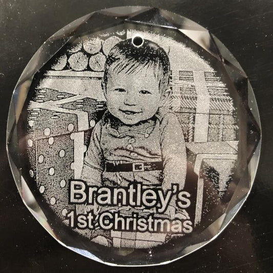 Engraved Crystal Baby's First Christmas Photo Ornament etched with your baby’s picture Personalized 1st Christmas Ornament | Enchanted Memories, Custom Engraving