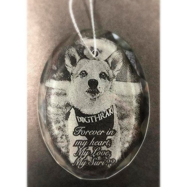 Engraved Crystal Pet Photo Christmas Ornament, etched with your favorite picture of your pet | Enchanted Memories, Engraving