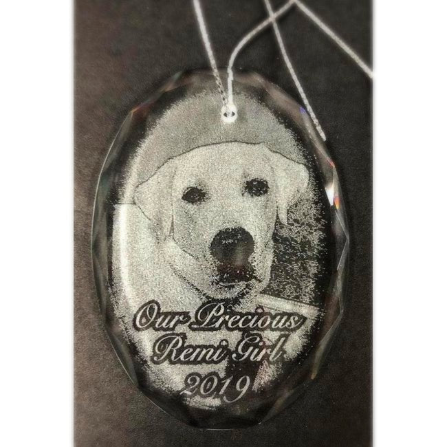 Engraved Crystal Pet Photo Christmas Ornament, etched with your favorite picture of your pet | Enchanted Memories, Engraving