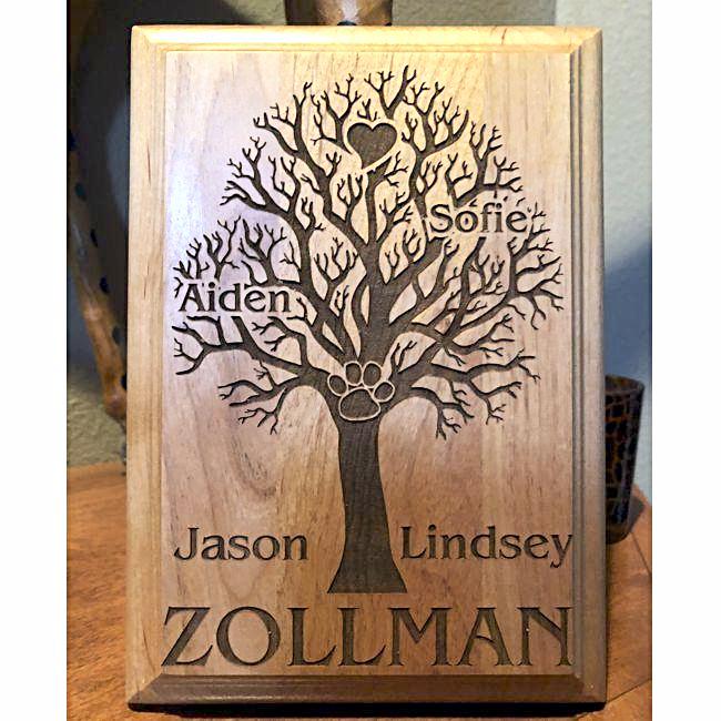 Engraved Family Tree Wooden Plaque with All the Family Names and Paw Prints Personalized into the Wood | Enchanted Memories, Custom Engraving & Unique Gifts