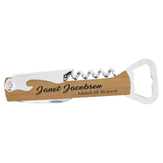 Engraved Wine Bottle Opener with Personalized Bamboo Handle with Name or Logo