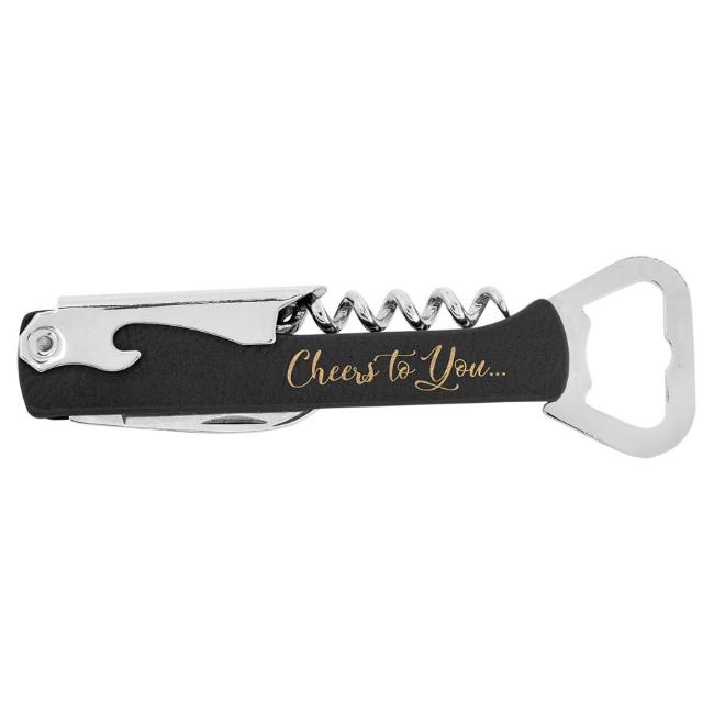Engraved Wine Bottle Opener with Personalized Black Leatherette Handle with Name or Logo