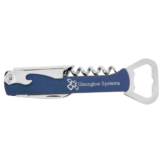 Engraved Wine Bottle Opener with Personalized Blue Leatherette Handle with Name or Logo