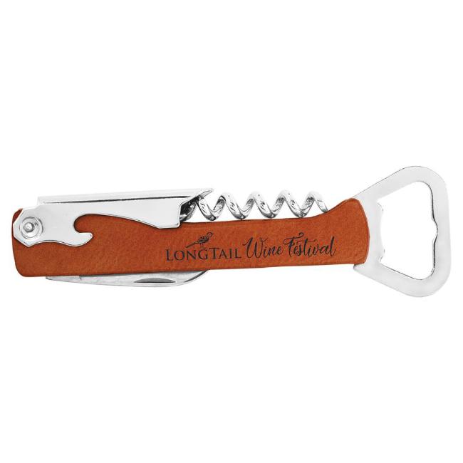Engraved Wine Bottle Opener with Personalized Red Leatherette Handle with Name or Logo