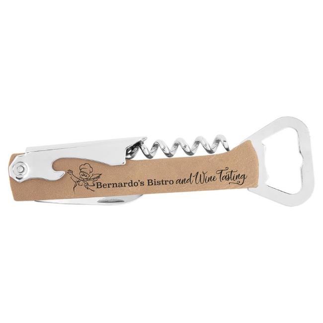Engraved Wine Bottle Opener with Personalized Leatherette Handle with Name or Logo