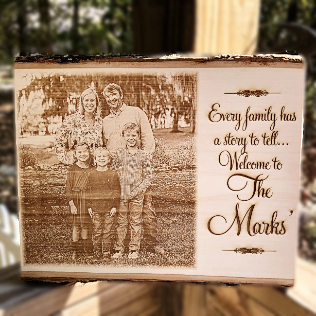 Custom Family Photo Plaque engraved in wood for housewarming or anniversary gift | Enchanted Memories