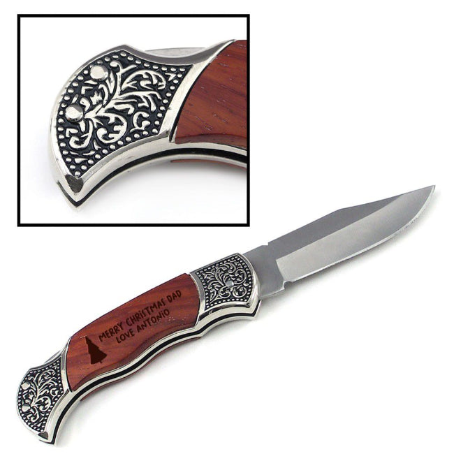Engraved Hunting Knife with Scrollwork Great Personalized For Groomsman, For Dad, For son Pocketknife | Enchanted Memories, Custom Engraving & Unique Gifts