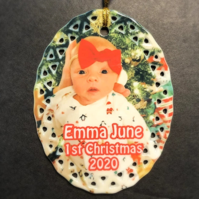 Personalized Porcelain Photo Christmas Ornament for Baby's 1st Christmas | Enchanted Memories, Custom Engraving