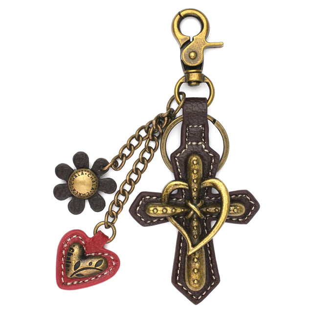 Metal Cross Keychain with Heart and Flower Charm.