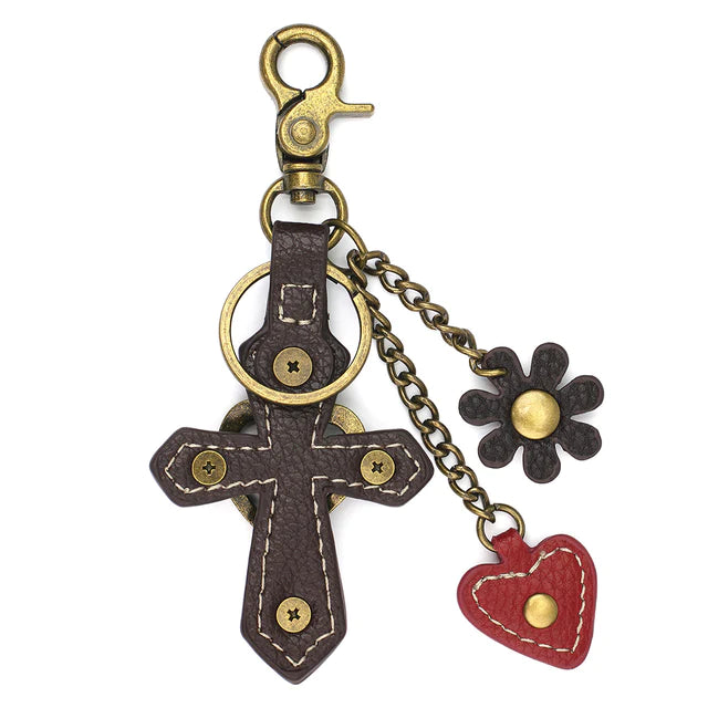 Metal Cross Keychain with Heart and Flower Charm.