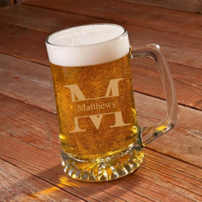 Monogrammed Heavy Duty Glass Beer Mug Engraved with your name, initials, wedding date for Weddings or Party