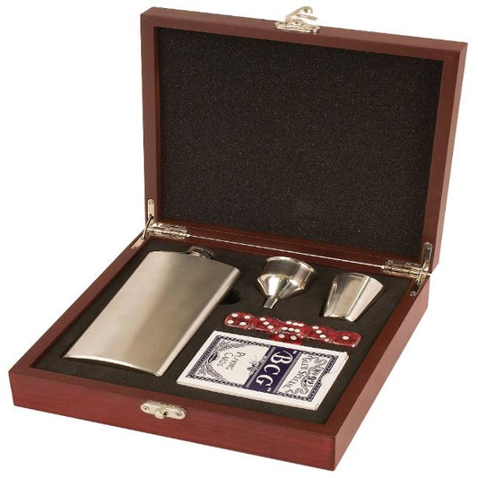 Personalized Rosewood Flask Gift Set with Cards Dice and Shot Glasses Perfect Engraved Gift for Wedding Party