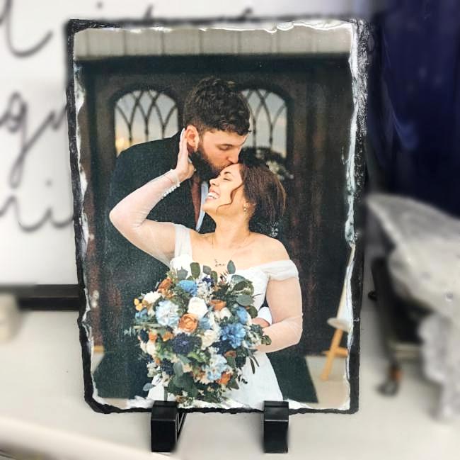 The perfect photo wedding gift for the bride and groom. Couple's wedding photo beautifully printed on natural slate. Wonderful phogo gift for anniversary too!